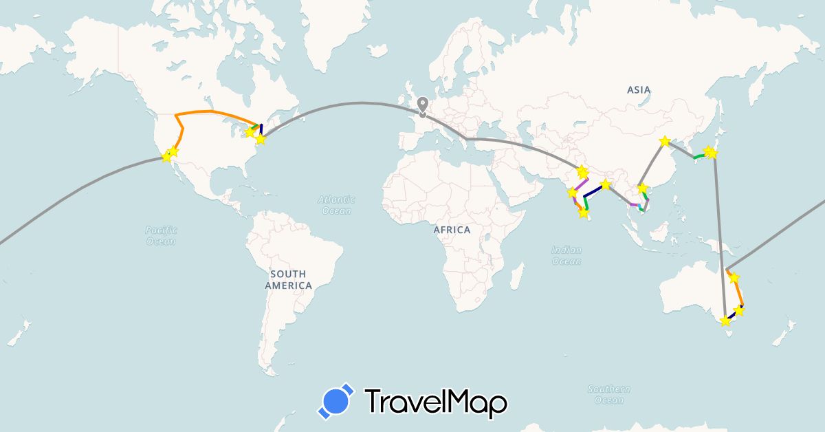 TravelMap itinerary: driving, bus, plane, train, boat, hitchhiking in Australia, Canada, China, France, Greece, India, Japan, Cambodia, Thailand, United States, Vietnam (Asia, Europe, North America, Oceania)