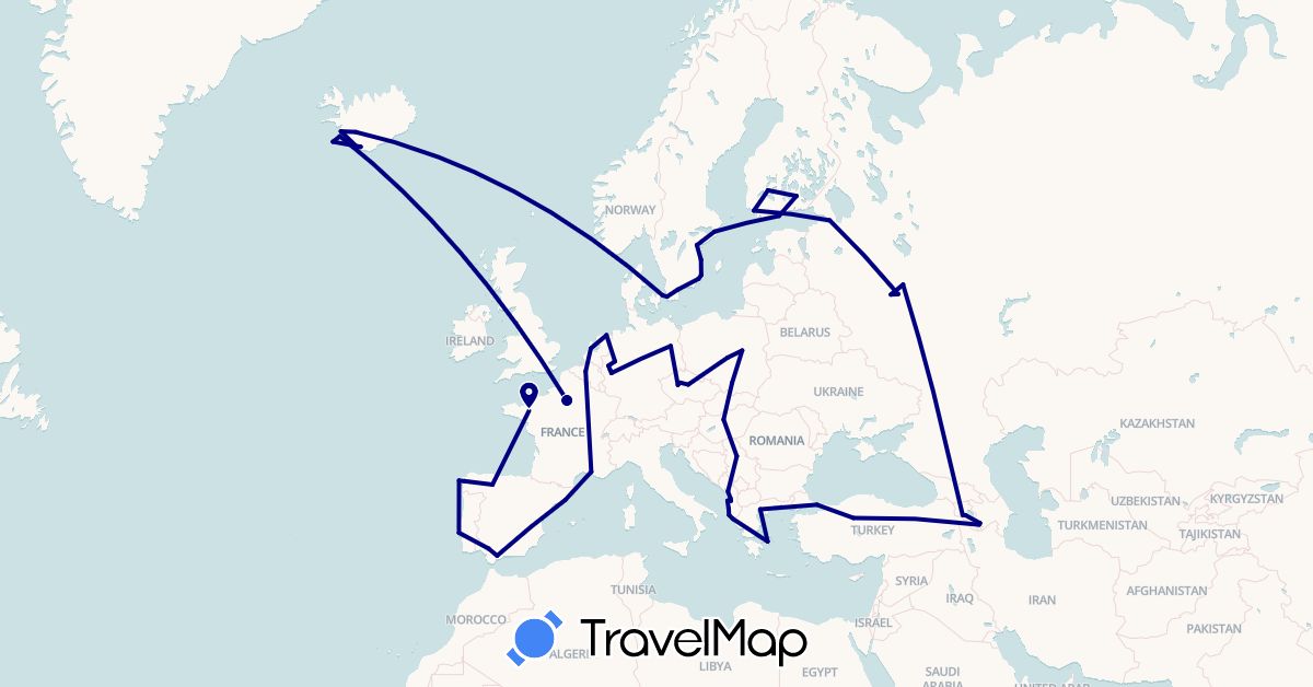 TravelMap itinerary: driving in Albania, Armenia, Belgium, Czech Republic, Germany, Denmark, Spain, Finland, France, Greece, Hungary, Iceland, Netherlands, Poland, Portugal, Serbia, Russia, Sweden, Turkey (Asia, Europe)